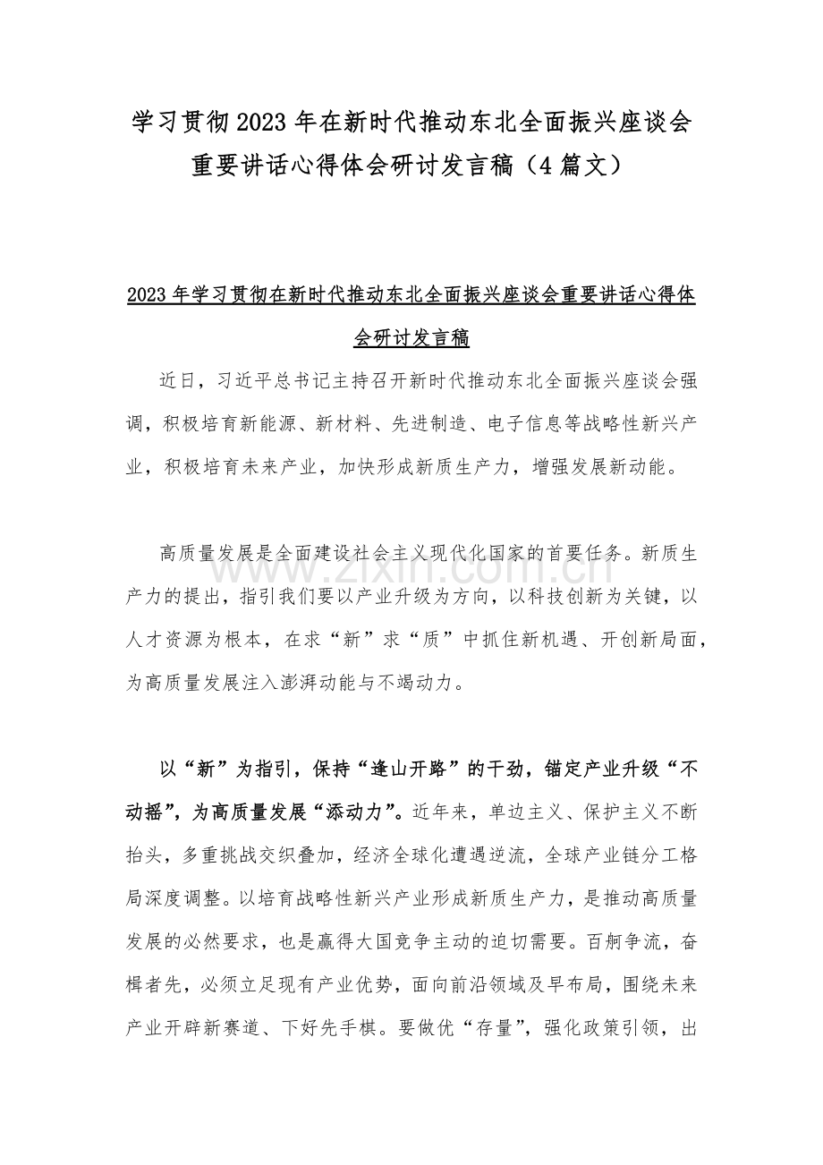 学习贯彻2023年在新时代推动东北全面振兴座谈会重要讲话心得体会研讨发言稿（4篇文）.docx_第1页