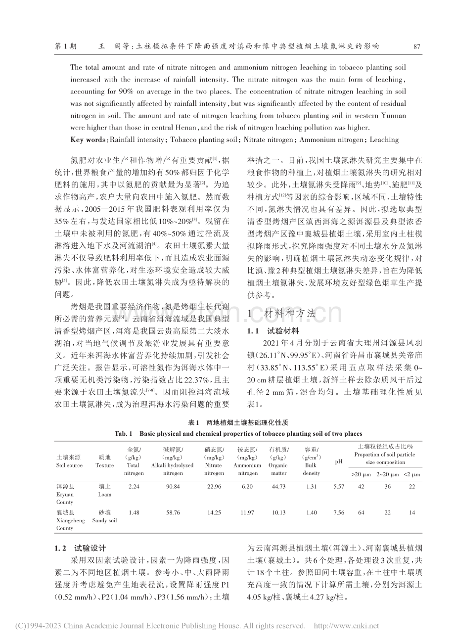 土柱模拟条件下降雨强度对滇...中典型植烟土壤氮淋失的影响_王阁.pdf_第2页