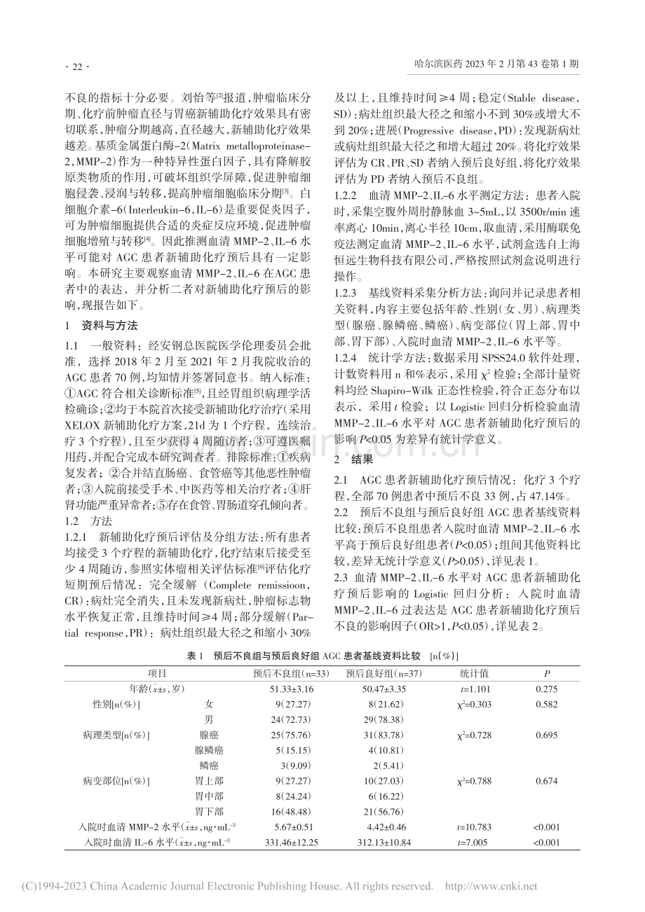 血清MMP-2、IL-6水...癌患者新辅助化疗预后的影响_赵永春.pdf_第2页