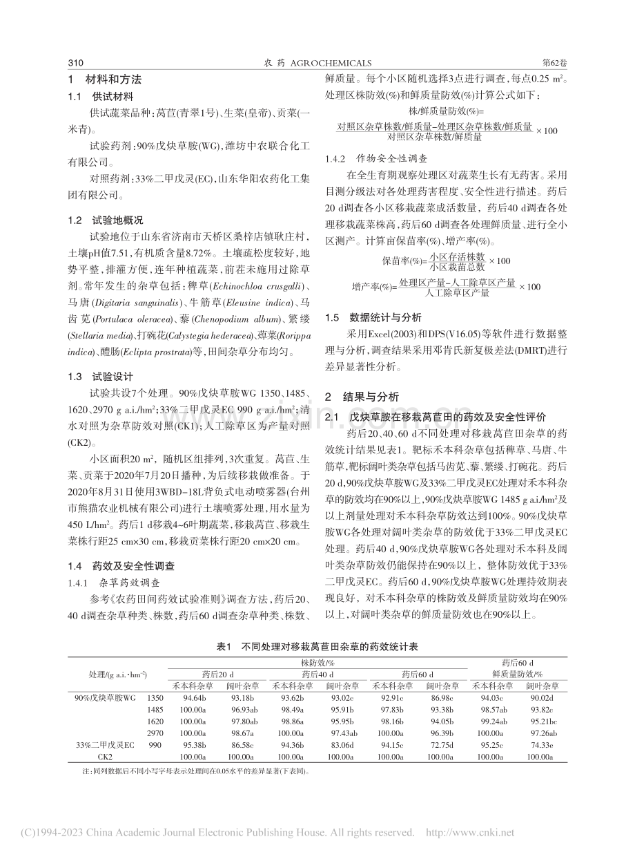 戊炔草胺对3种移栽蔬菜田的杂草防效及安全性评价_王丹丹.pdf_第2页