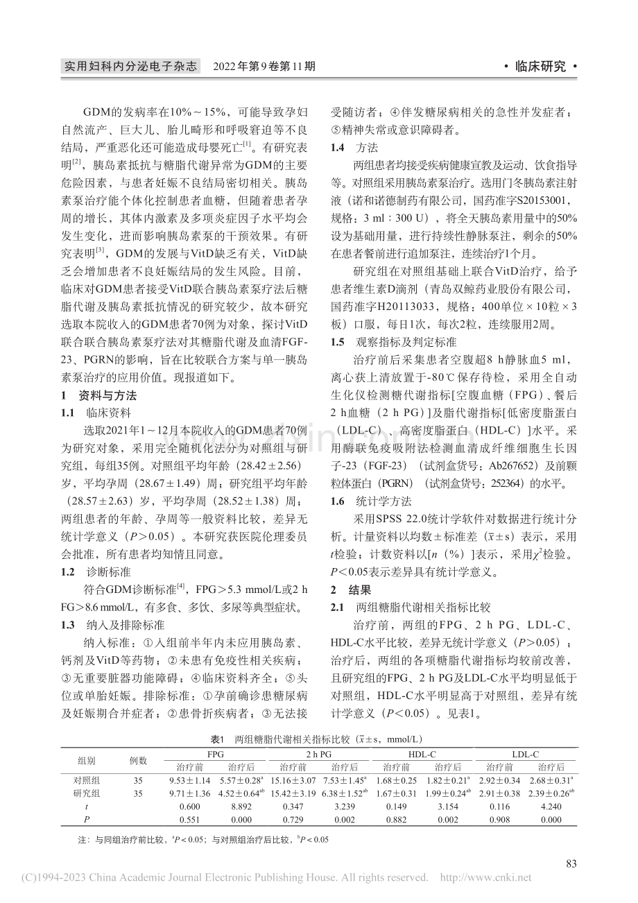 维生素D联合胰岛素泵疗法对...GF-23、PGRN的影响_龚红丹.pdf_第2页