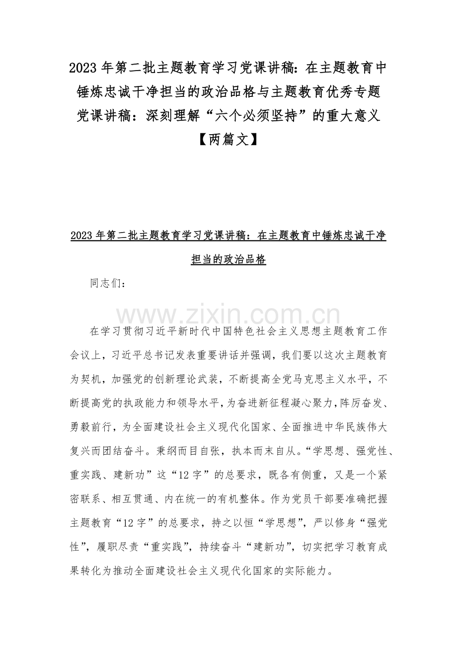 2023年第二批主题教育学习党课讲稿：在主题教育中锤炼忠诚干净担当的政治品格与主题教育优秀专题党课讲稿：深刻理解“六个必须坚持”的重大意义【两篇文】.docx_第1页