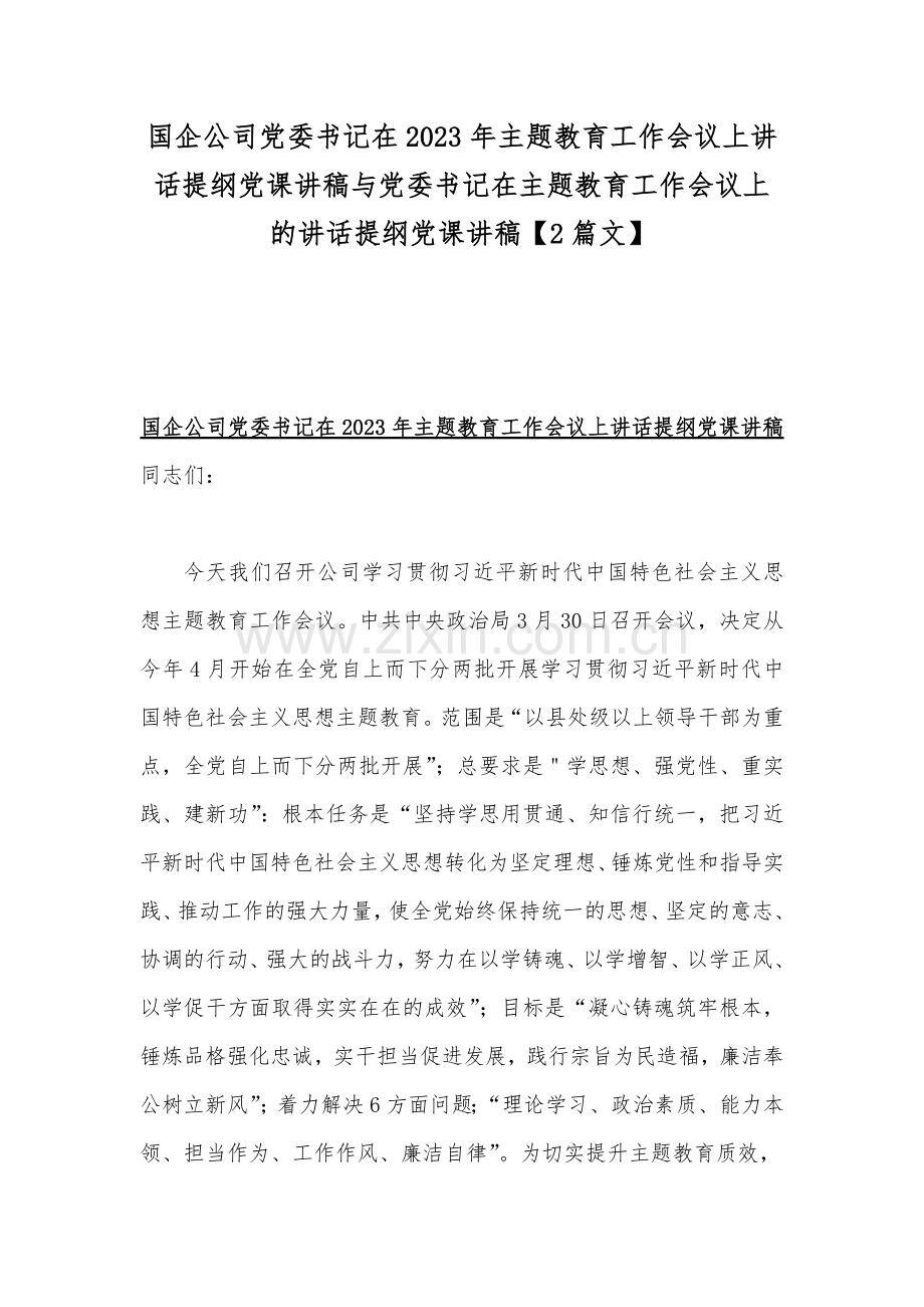 国企公司党委书记在2023年主题教育工作会议上讲话提纲党课讲稿与党委书记在主题教育工作会议上的讲话提纲党课讲稿【2篇文】.docx_第1页