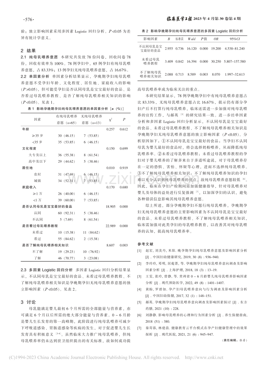 孕晚期孕妇纯母乳喂养意愿及其影响因素分析_潘妍.pdf_第2页