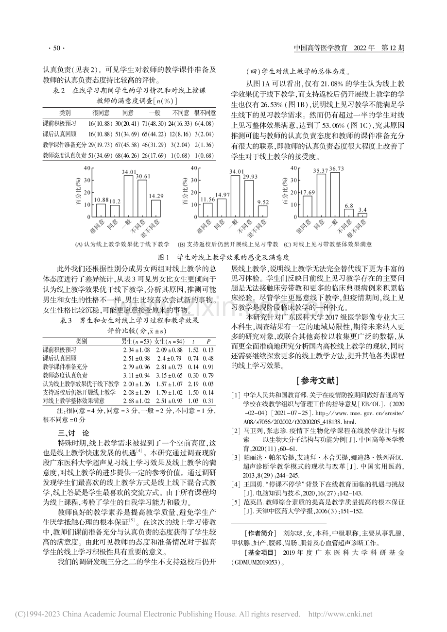 疫情期间超声线上见习教学的满意度调查与分析_刘尔球.pdf_第2页