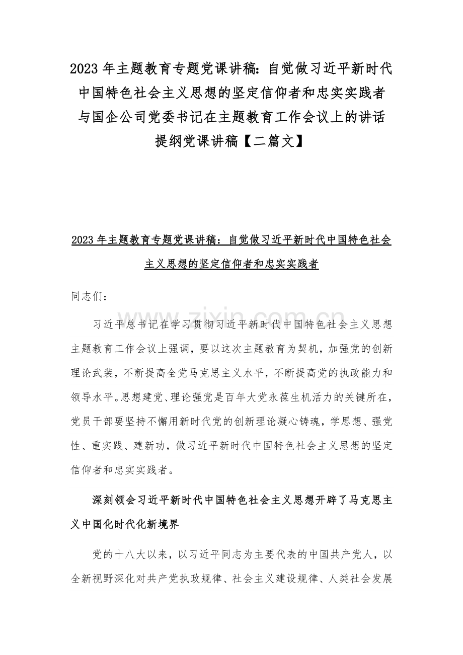 2023年主题教育专题党课讲稿：自觉做习近平新时代中国特色社会主义思想的坚定信仰者和忠实实践者与国企公司党委书记在主题教育工作会议上的讲话提纲党课讲稿【二篇文】.docx_第1页