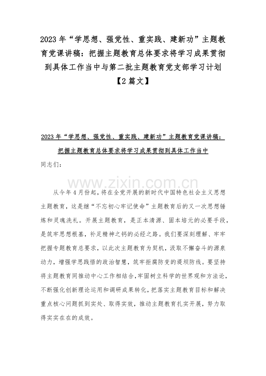 2023年“学思想、强党性、重实践、建新功”主题教育党课讲稿：把握主题教育总体要求将学习成果贯彻到具体工作当中与第二批主题教育党支部学习计划【2篇文】.docx_第1页