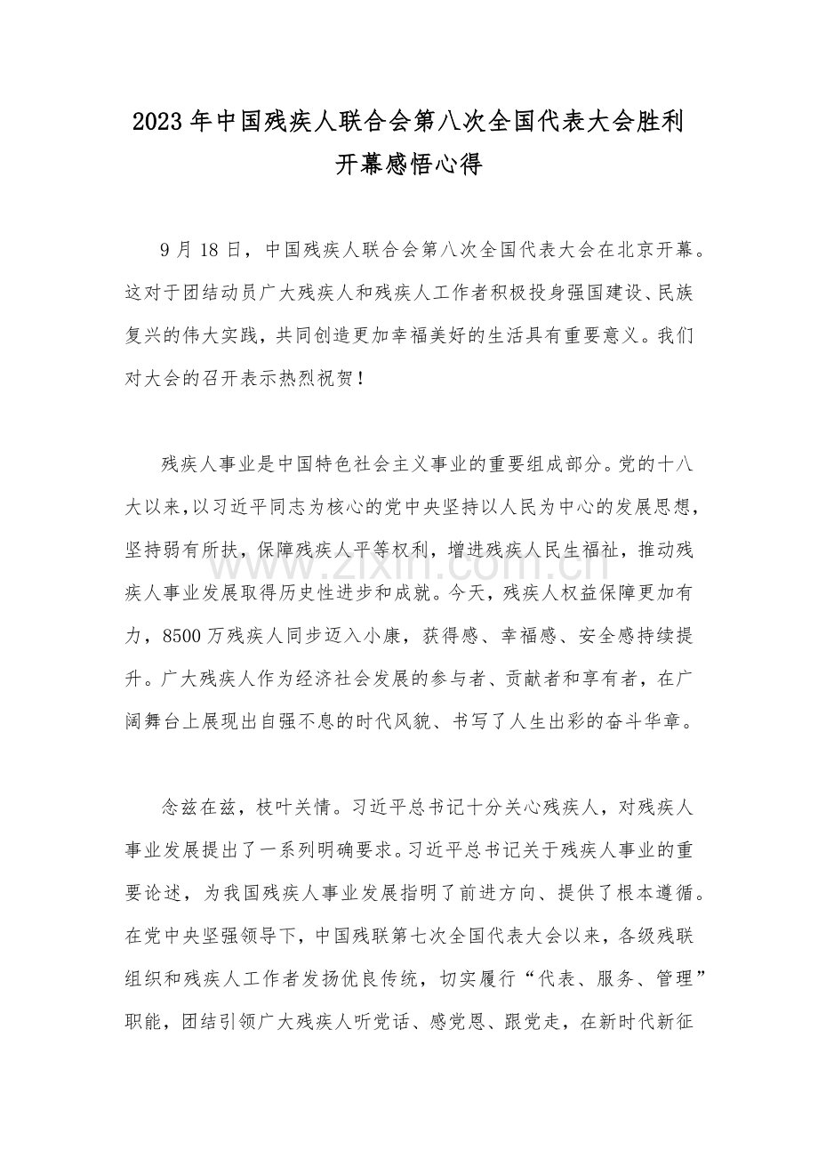 2023年中国残疾人联合会第八次全国代表大会胜利开幕感悟心得.docx_第1页