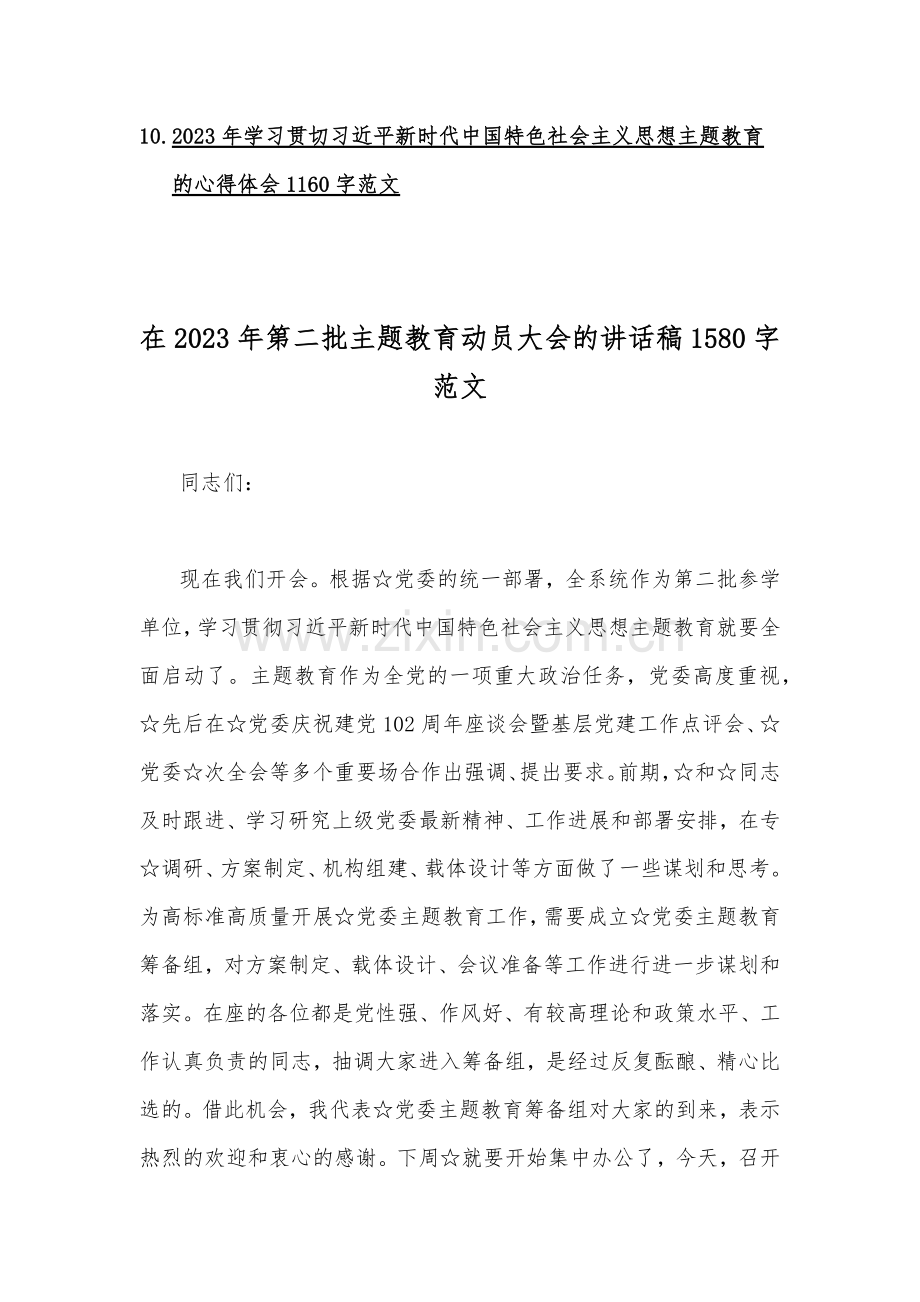 在2023年第二批主题教育动员大会的讲话稿、实施方案、专题党课讲稿、心得体会、交流发言稿（10篇word版文）供参考.docx_第2页