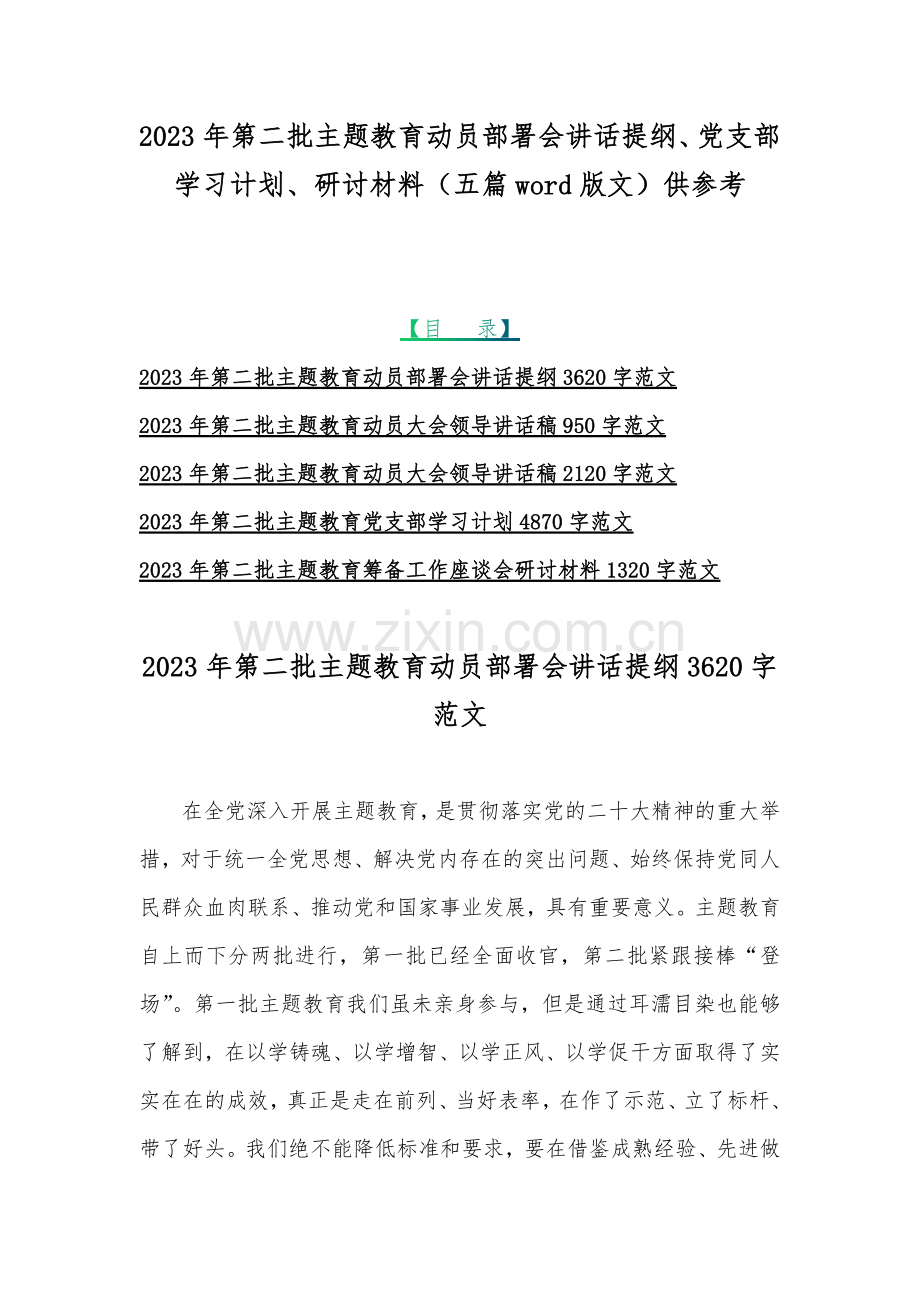 2023年第二批主题教育动员部署会讲话提纲、党支部学习计划、研讨材料（五篇word版文）供参考.docx_第1页