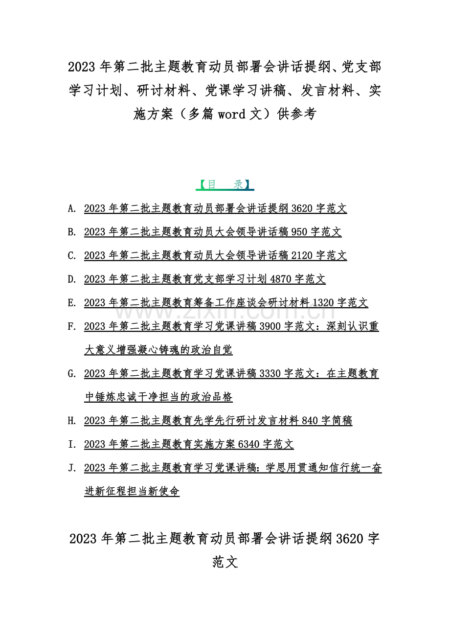 2023年第二批主题教育动员部署会讲话提纲、党支部学习计划、研讨材料、党课学习讲稿、发言材料、实施方案（多篇word文）供参考.docx_第1页