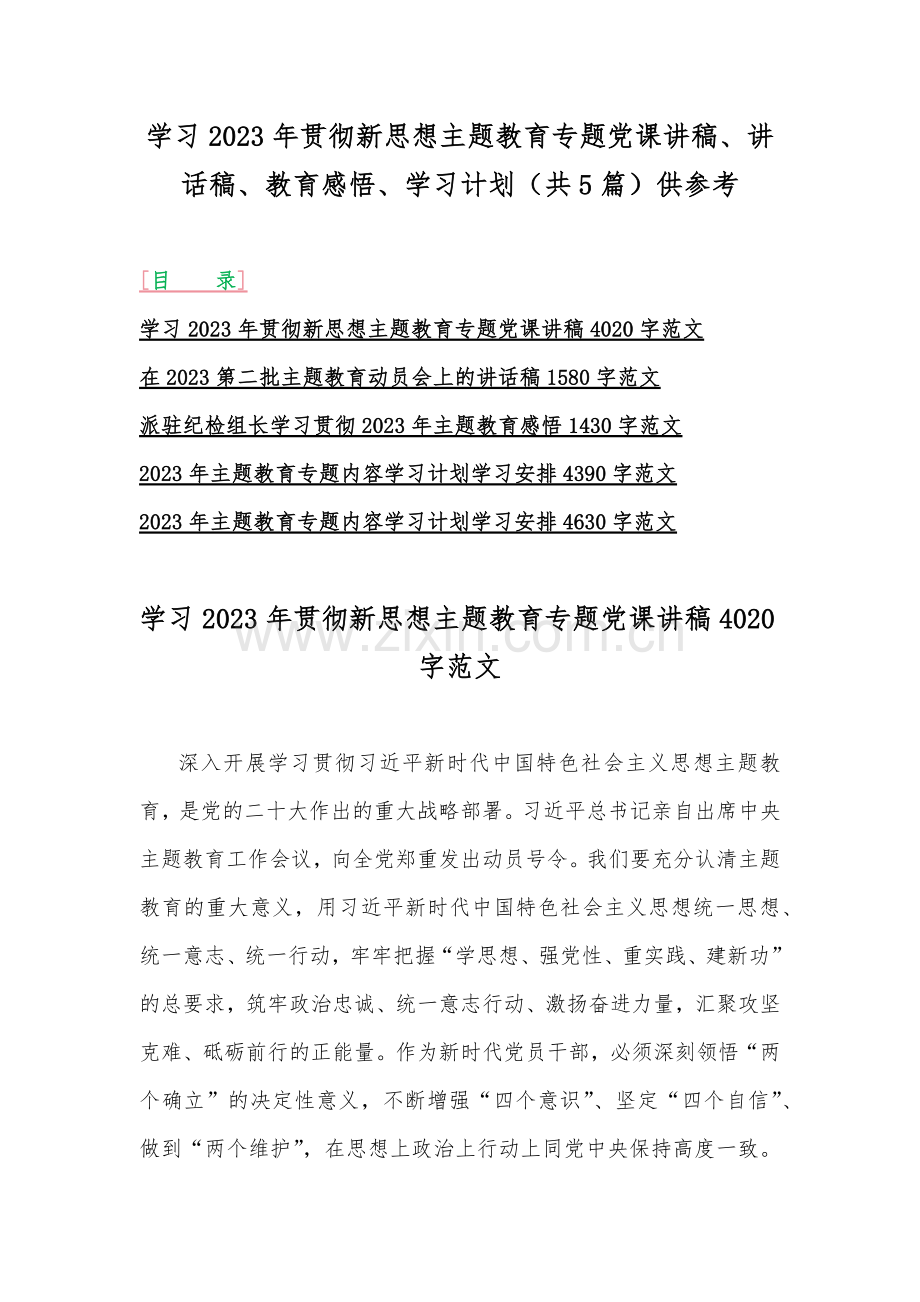 学习2023年贯彻新思想主题教育专题党课讲稿、讲话稿、教育感悟、学习计划（共5篇）供参考.docx_第1页