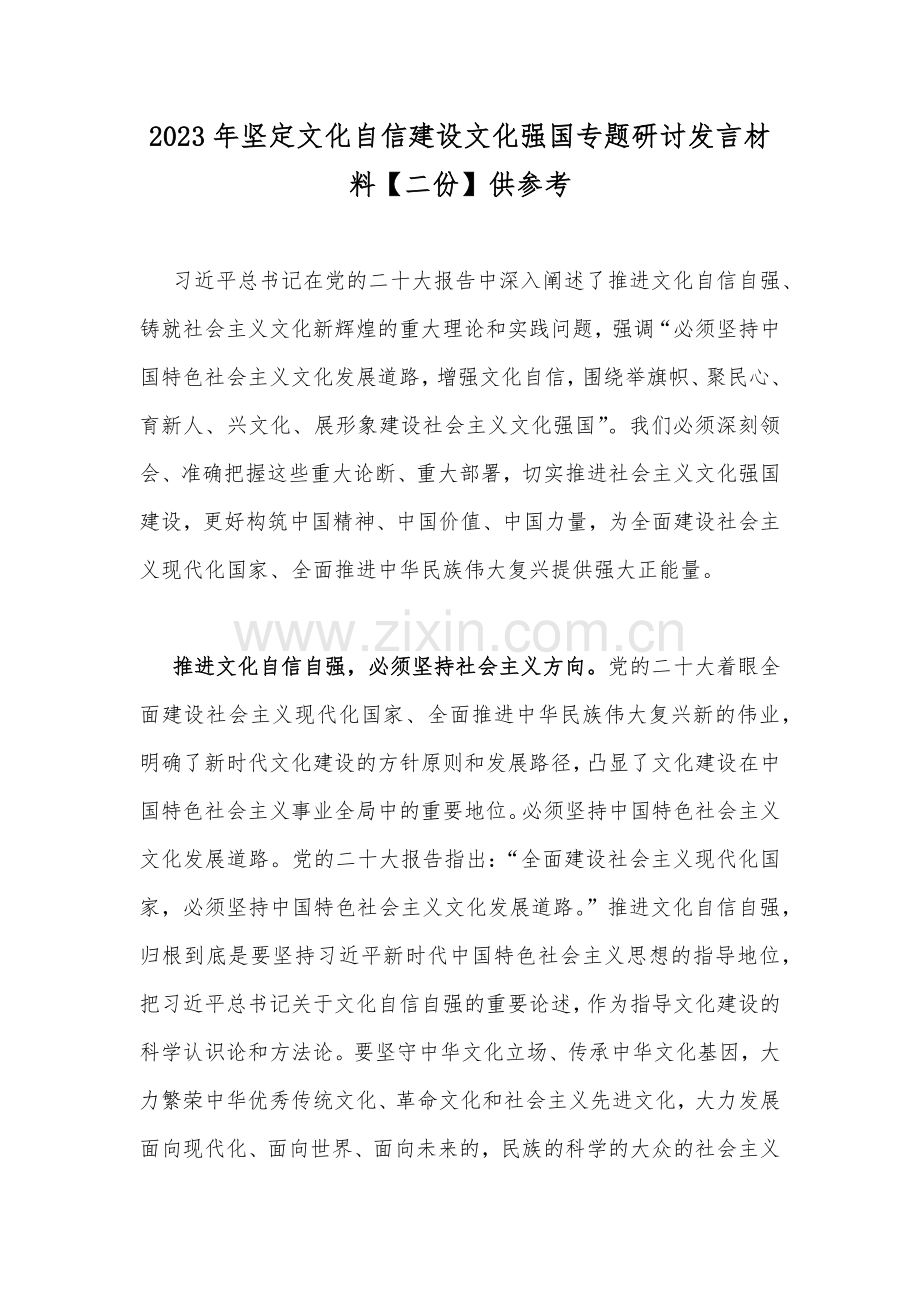 2023年坚定文化自信建设文化强国专题研讨发言材料【二份】供参考.docx_第1页