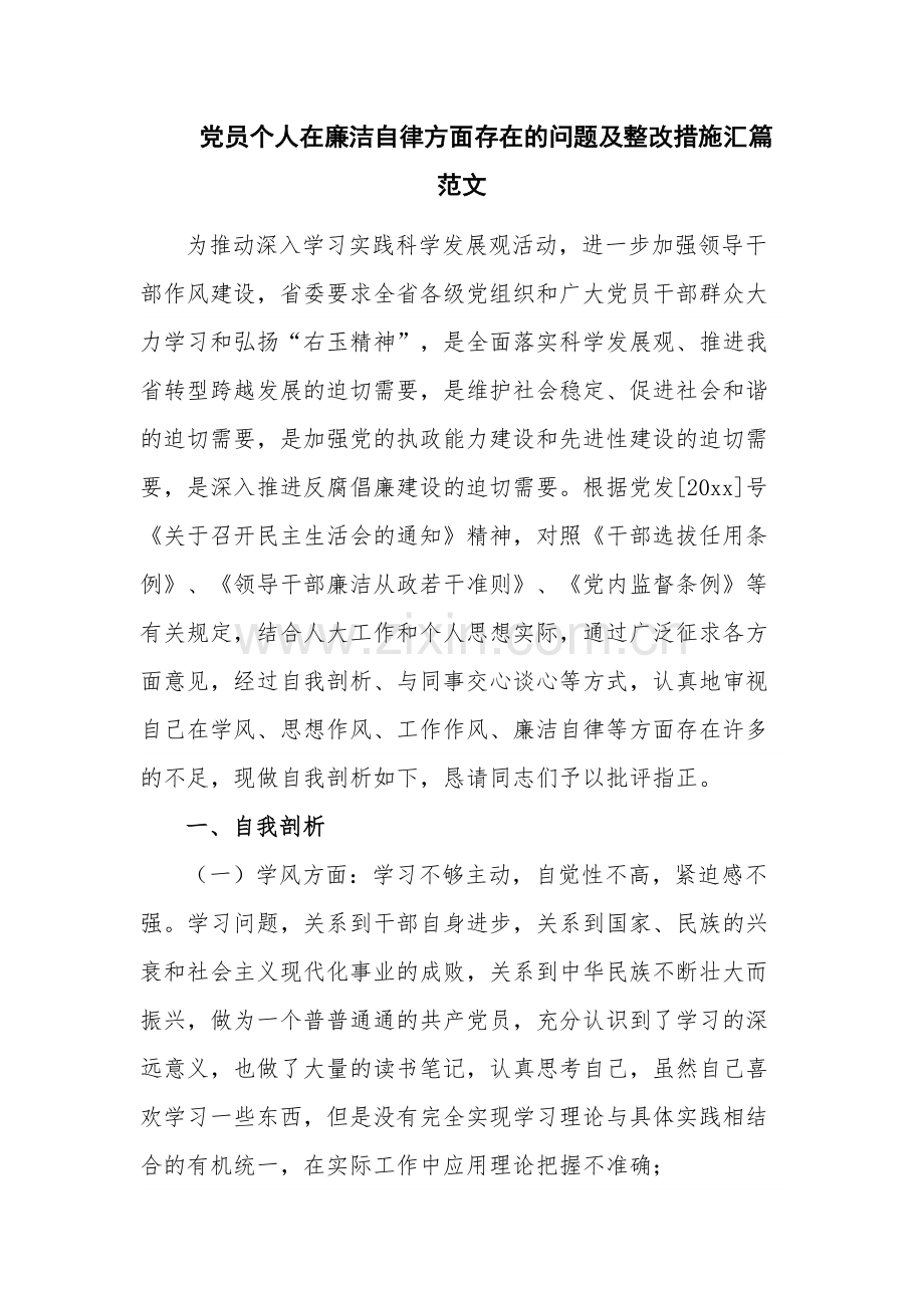 党员个人在廉洁自律方面存在的问题及整改措施汇篇范文.docx_第1页