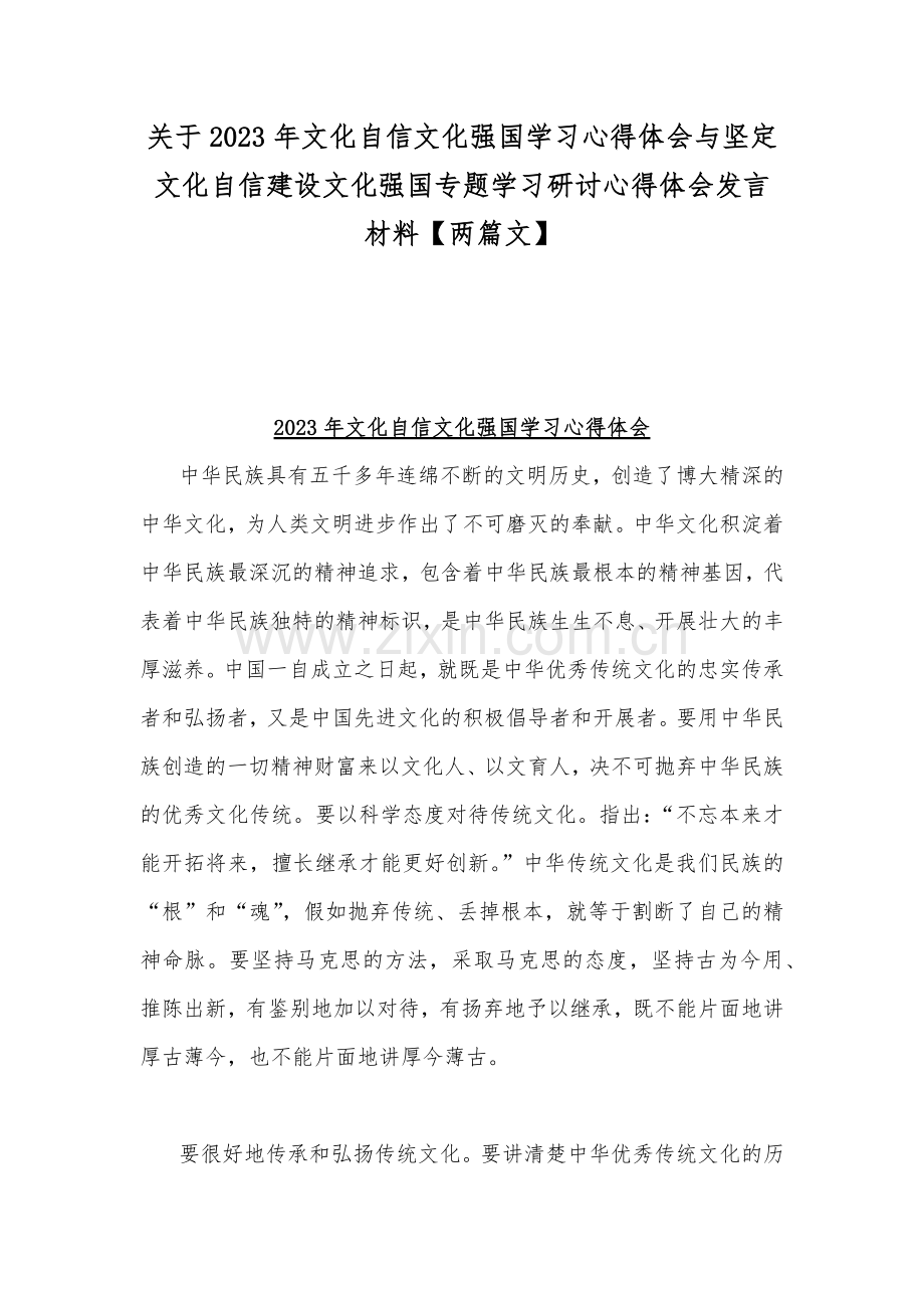 关于2023年文化自信文化强国学习心得体会与坚定文化自信建设文化强国专题学习研讨心得体会发言材料【两篇文】.docx_第1页