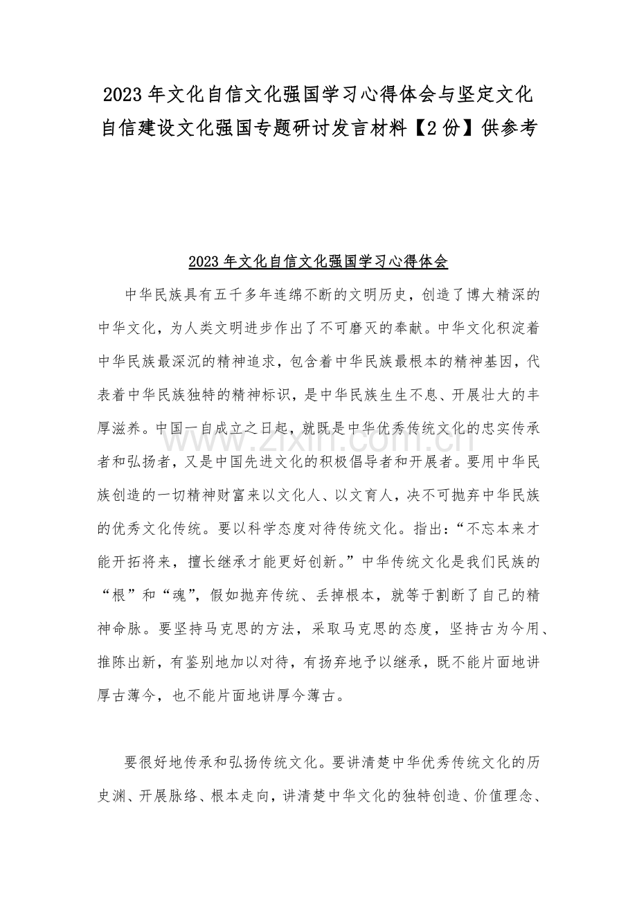 2023年文化自信文化强国学习心得体会与坚定文化自信建设文化强国专题研讨发言材料【2份】供参考.docx_第1页