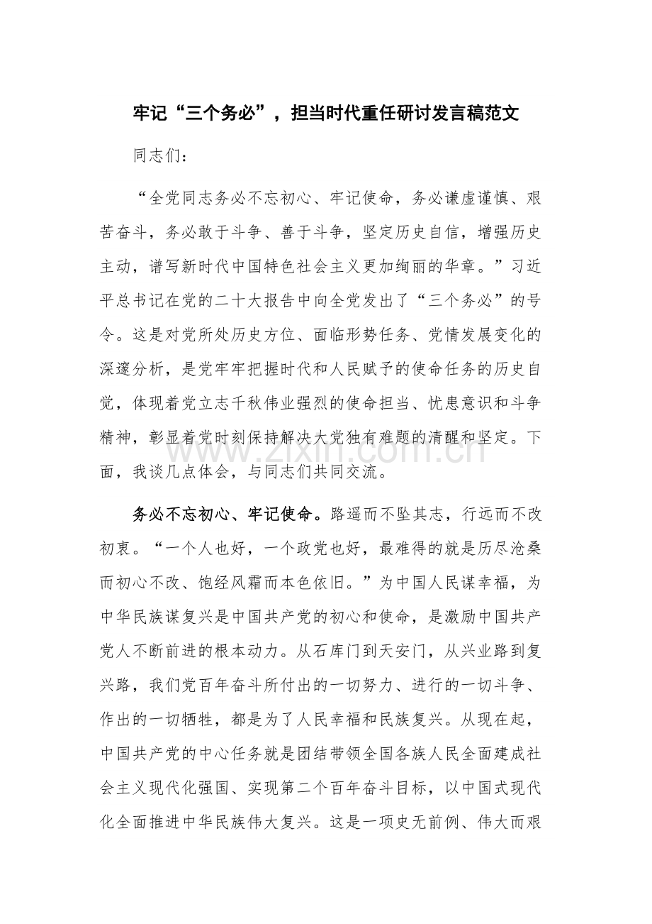 牢记“三个务必”担当时代重任研讨发言稿范文.docx_第1页