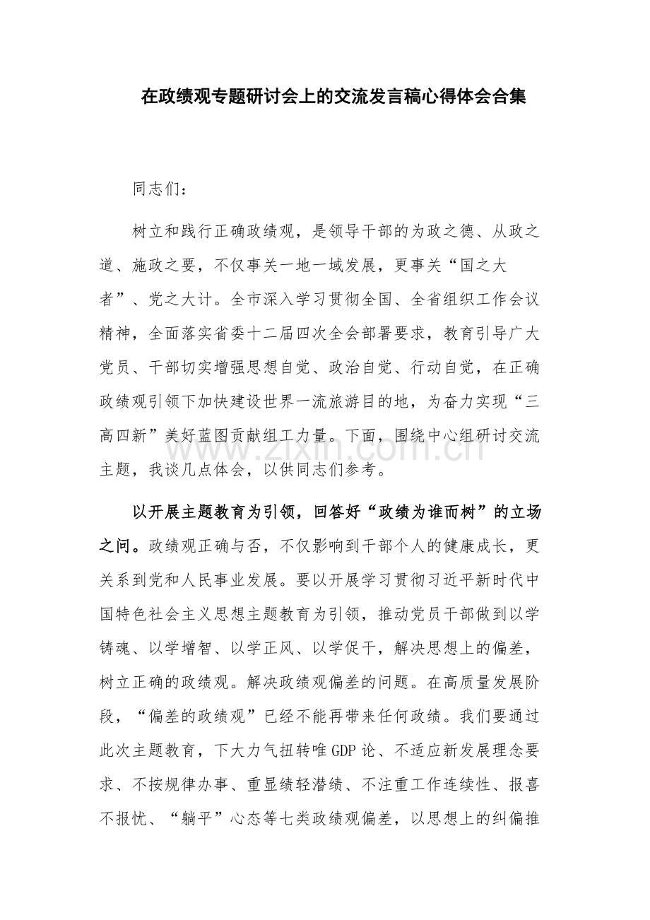 在政绩观专题研讨会上的交流发言稿心得体会合集.docx_第1页