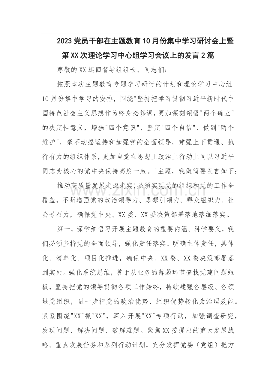 2023党员干部在主题教育10月份集中学习研讨会上暨第XX次理论学习中心组学习会议上的发言2篇.docx_第1页