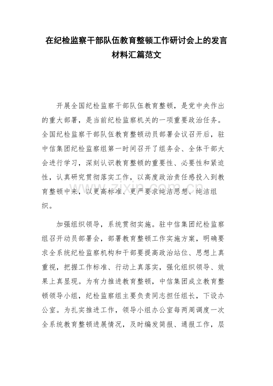 在纪检监察干部队伍教育整顿工作研讨会上的发言材料汇篇范文.docx_第1页