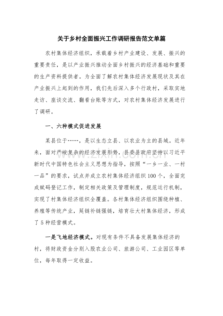 关于乡村全面振兴工作调研报告范文单篇.docx_第1页