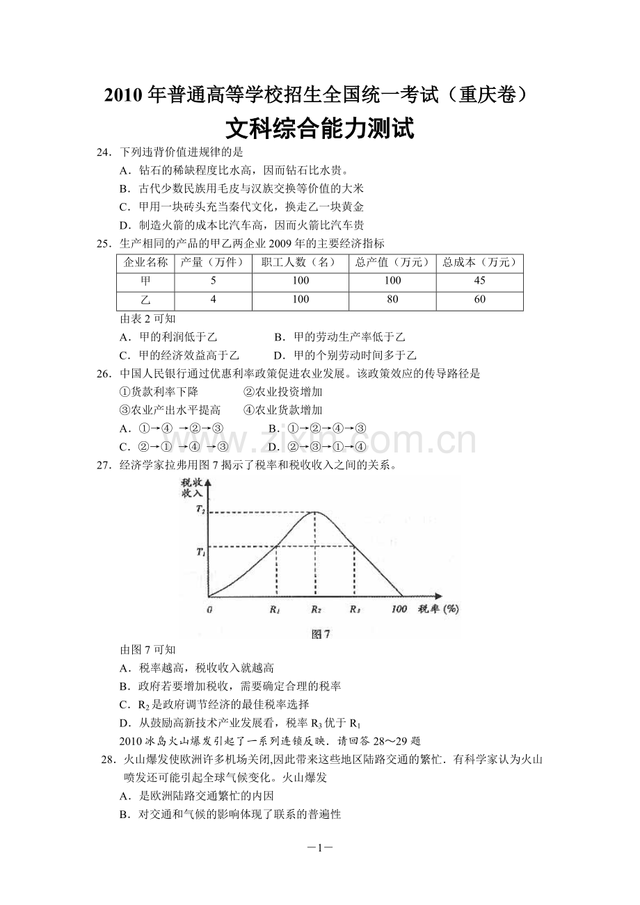 2010年高考文综(重庆卷)政治试题及答案.doc_第1页