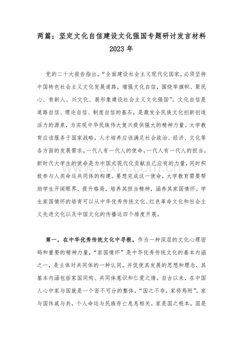 两篇：坚定文化自信建设文化强国专题研讨发言材料2023年.docx_第1页