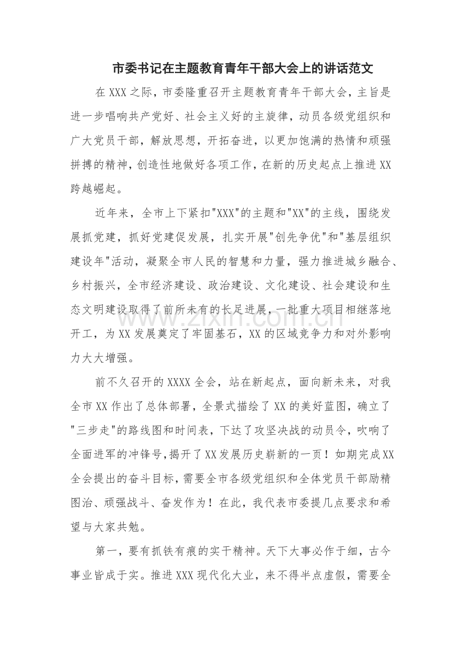 市委书记在主题教育青年干部大会上的讲话范文.docx_第1页