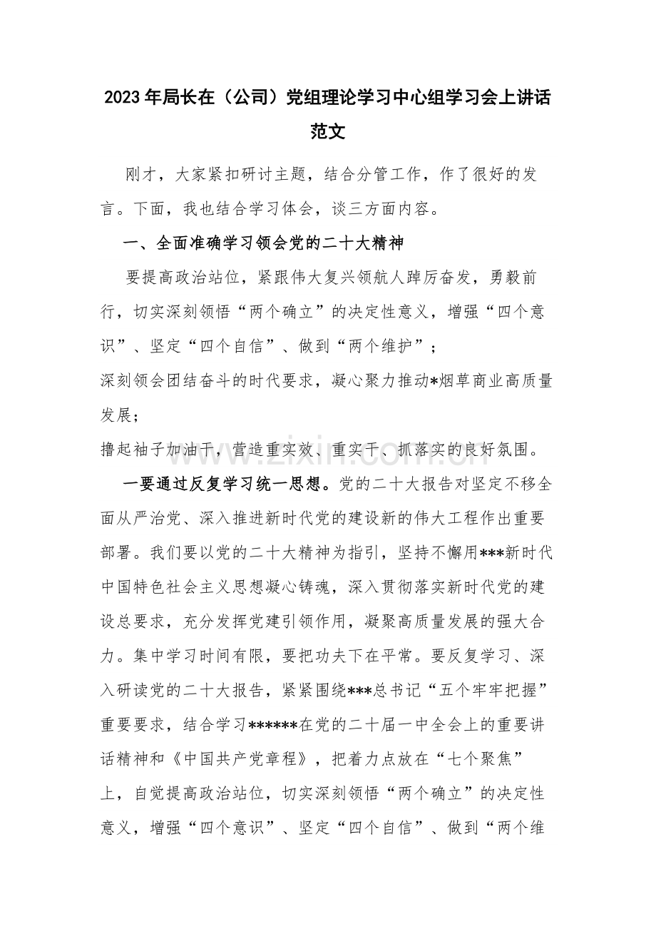 2023年局长在（公司）党组理论学习中心组学习会上讲话范文.docx_第1页