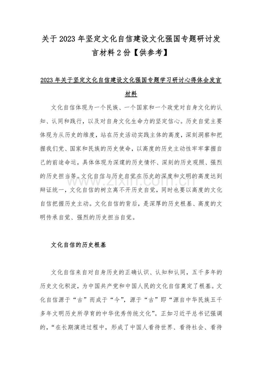 关于2023年坚定文化自信建设文化强国专题研讨发言材料2份【供参考】.docx_第1页