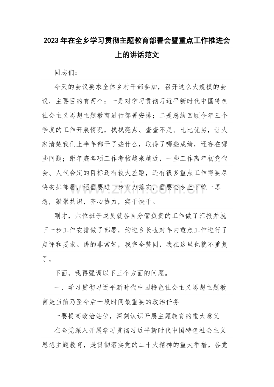 2023年在全乡学习贯彻主题教育部署会暨重点工作推进会上的讲话范文.docx_第1页