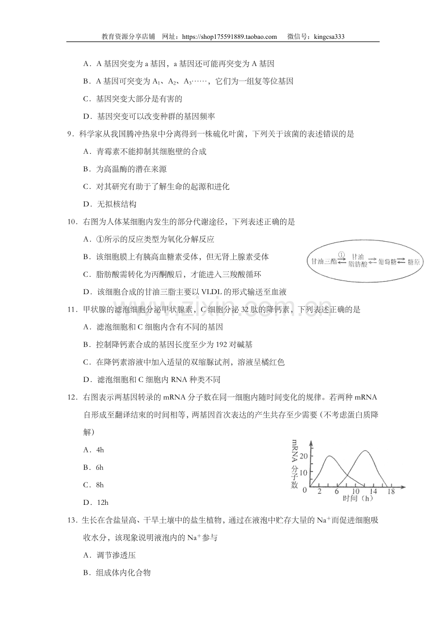 2011年上海市高中毕业统一学业考试生物试卷（答案版）.doc_第2页