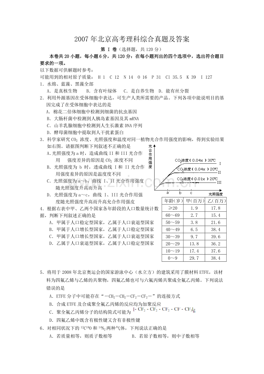 2007年北京高考理科综合真题及答案.doc_第1页