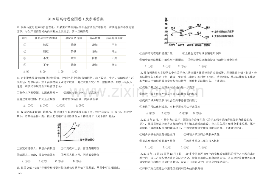 2018年高考广东政治（原卷版）.pdf_第1页