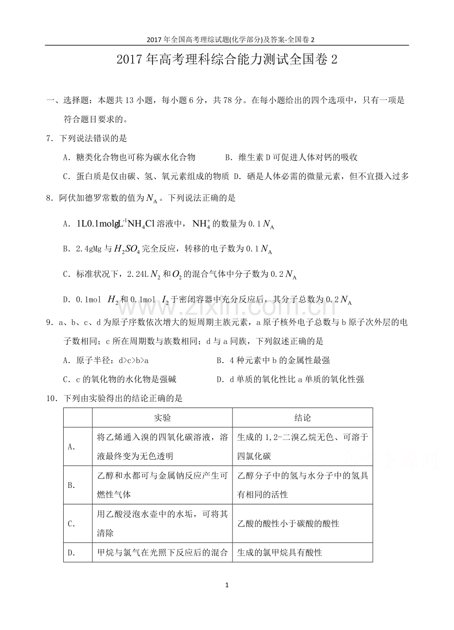 2017年高考重庆市化学卷真题及答案.doc_第1页