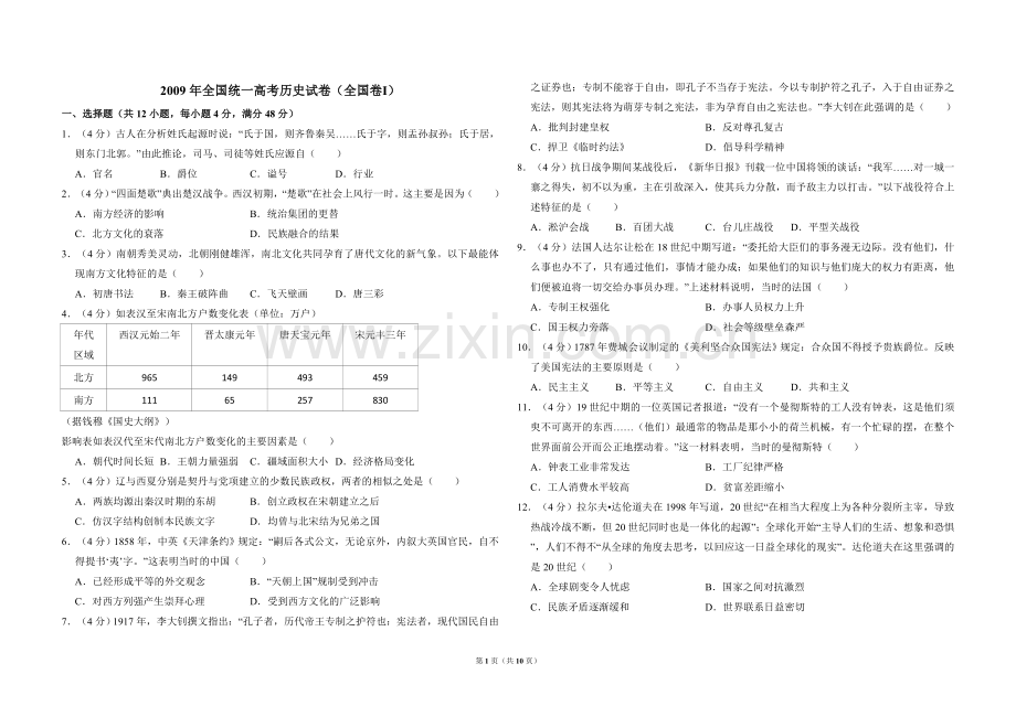 2009年全国统一高考历史试卷（全国卷ⅰ）（含解析版）.doc_第1页