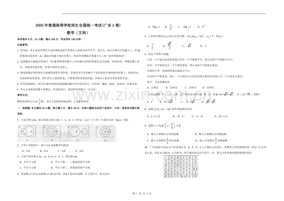 2009年广东高考（文科）数学（原卷版）.doc_第1页