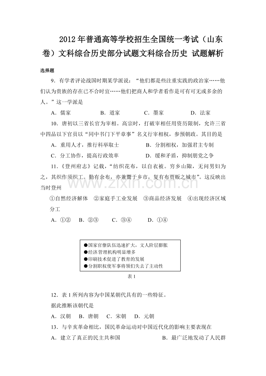 2012年高考真题 历史(山东卷)（原卷版）.pdf_第1页