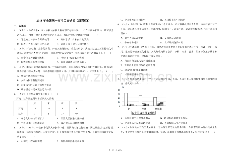 2015年全国统一高考历史试卷（新课标ⅰ）（原卷版）.doc_第1页