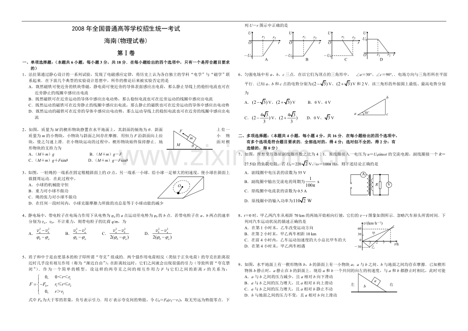 2008年海南高考物理试题及答案.doc_第1页