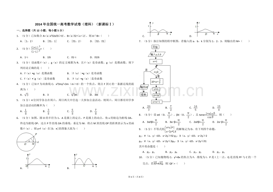 2014年全国统一高考数学试卷（理科）（新课标ⅰ）（原卷版）.pdf_第1页