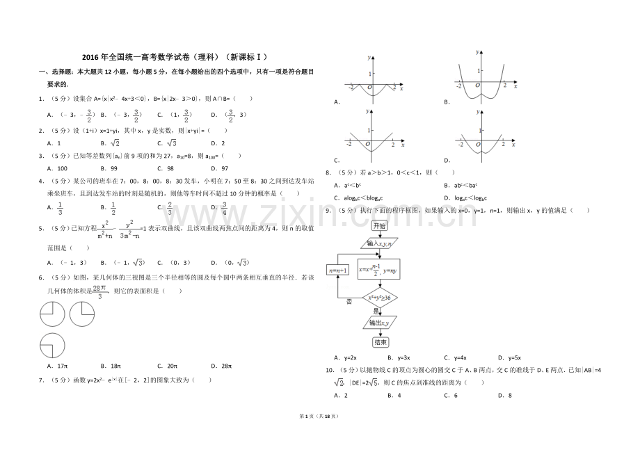 2016年全国统一高考数学试卷（理科）（新课标ⅰ）（含解析版）.doc_第1页