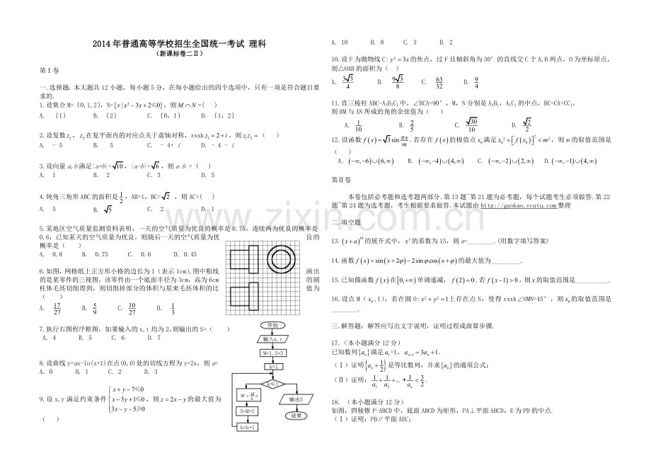 2014年海南省高考数学（原卷版）（理科）.doc_第1页