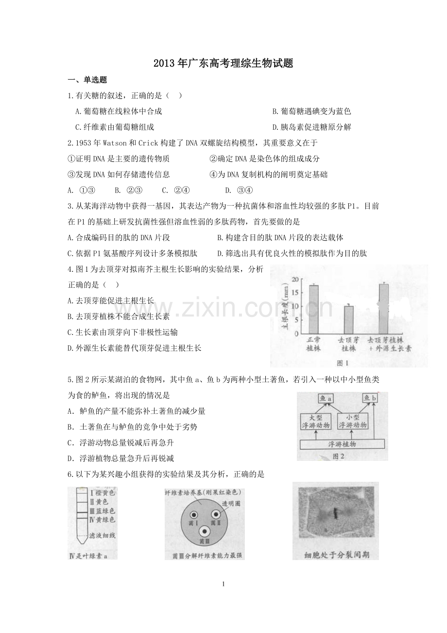 2013年广东高考生物（原卷版）.docx_第1页