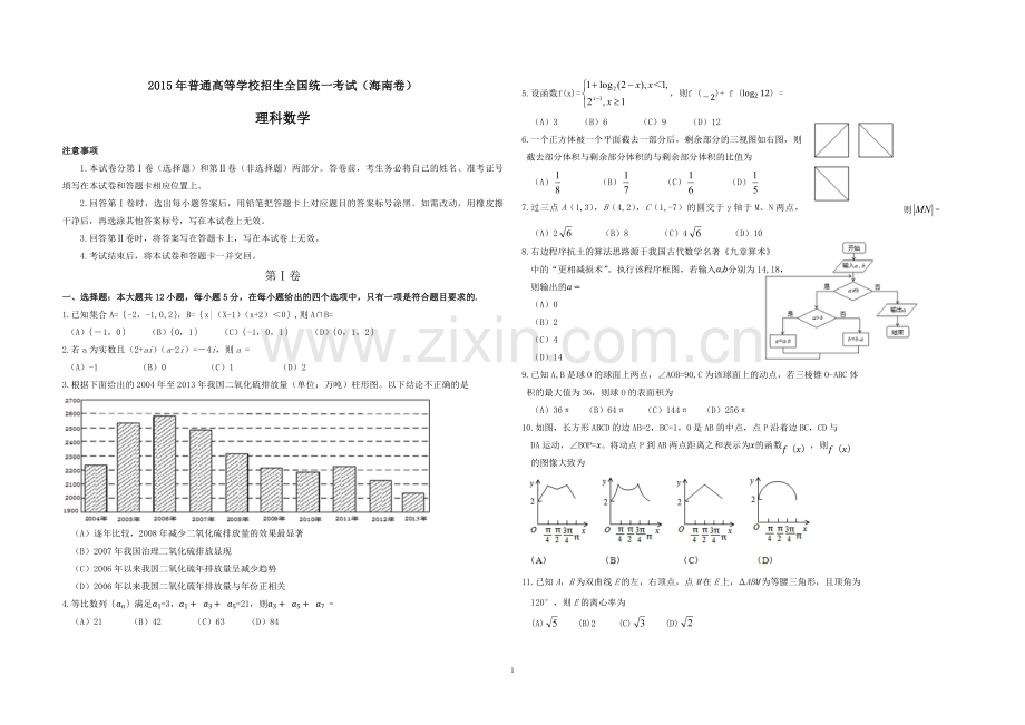 2015年海南省高考数学（原卷版）（理科）.pdf_第1页