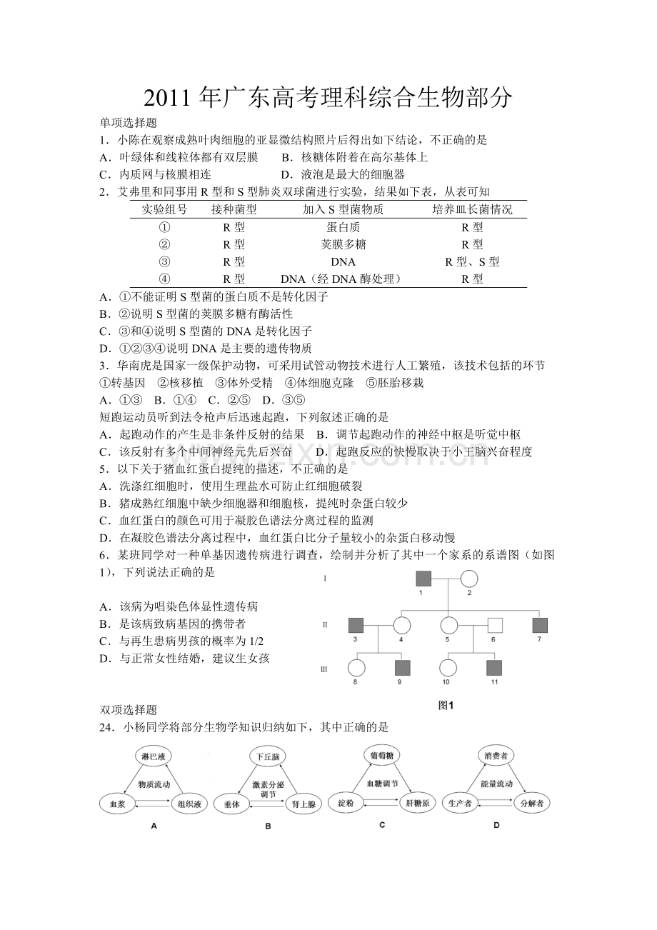 2011年广东高考生物试题及答案.doc_第1页