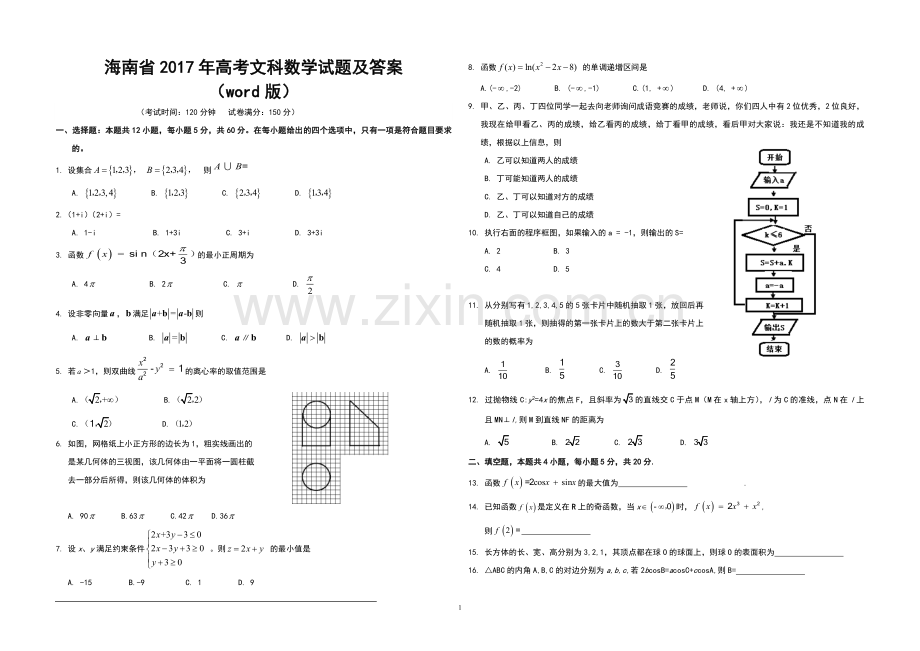 2017年海南省高考数学（原卷版）（文科）.pdf_第1页