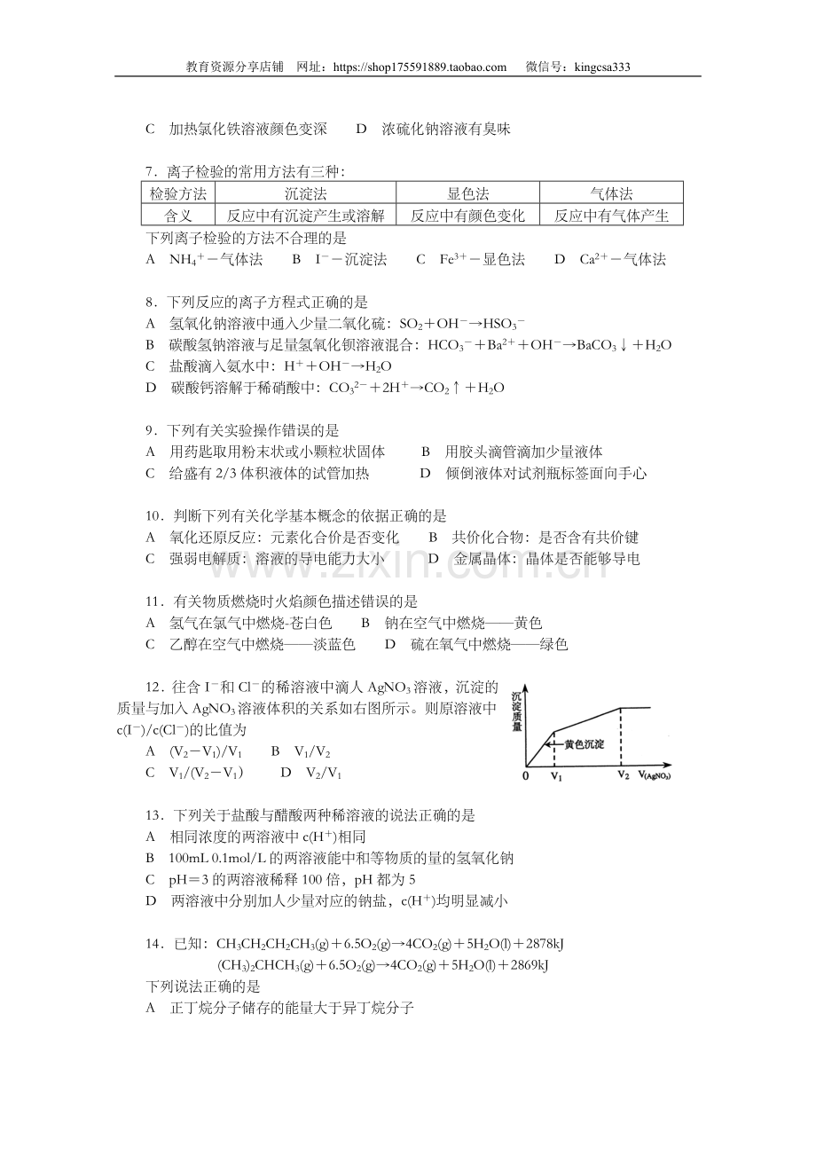 2007年上海市高中毕业统一学业考试化学试卷（word解析版）.doc_第2页