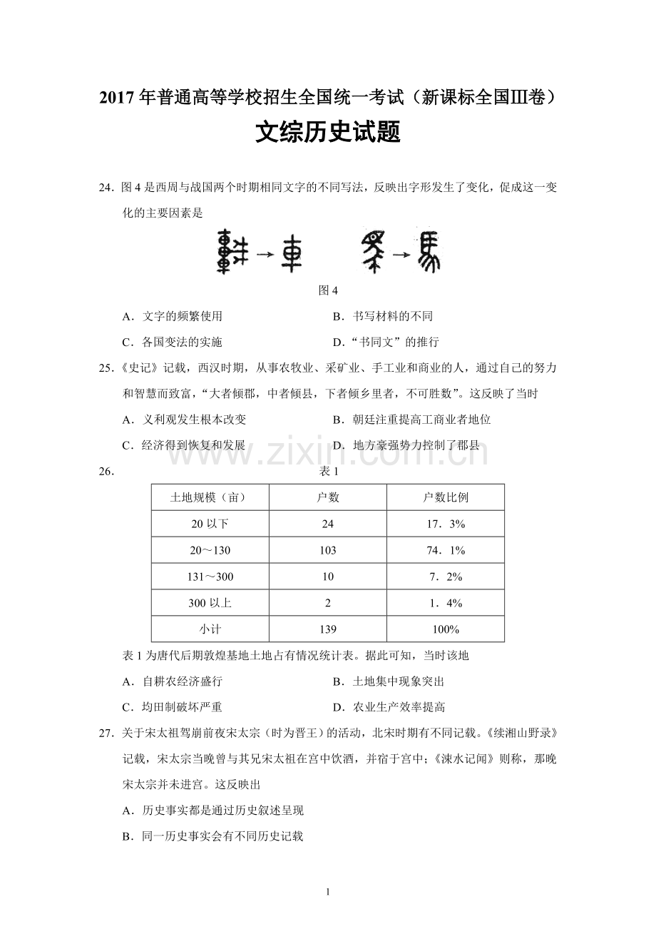 2017高考贵州卷文综历史试题及答案.doc_第1页