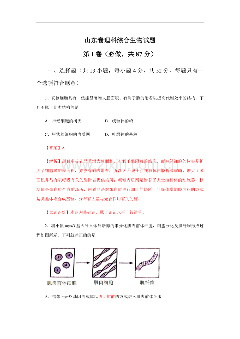 2013年高考真题 生物(山东卷)（含解析版）.pdf_第1页